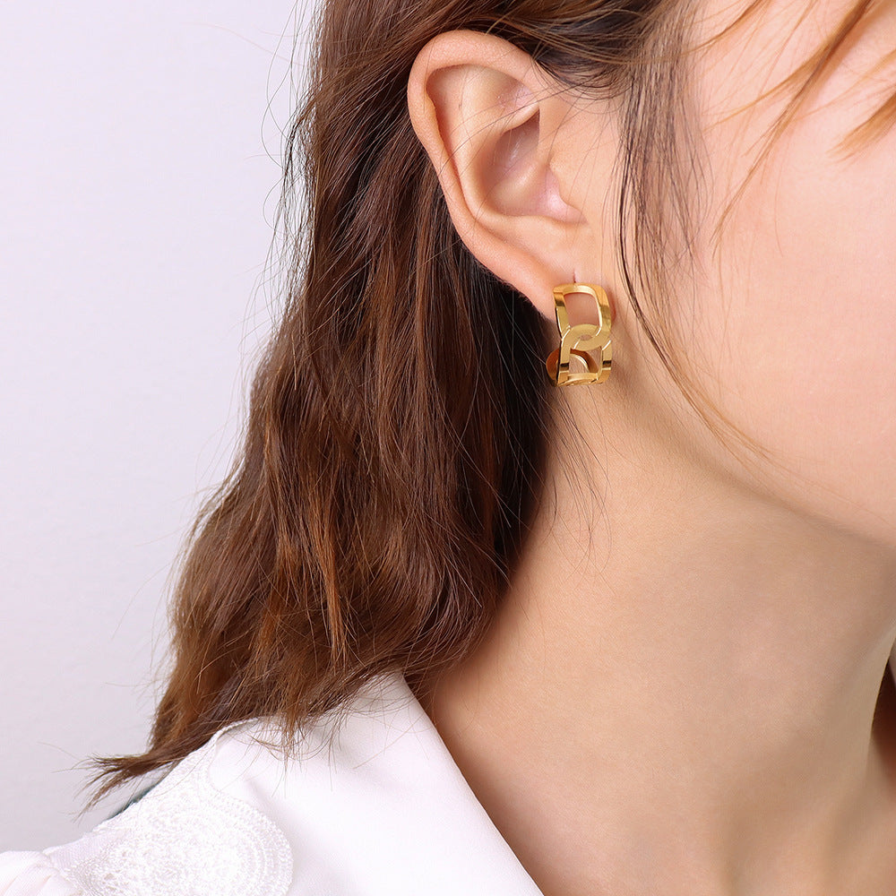 Korean Geometric Hollow Earrings in Titanium Steel with 18k Gold Accents