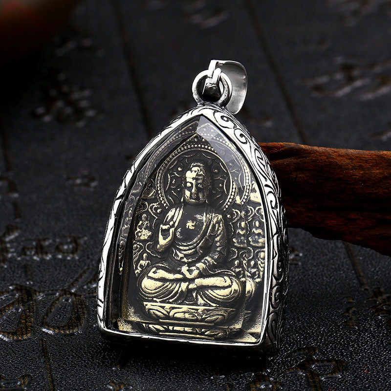 Wholesale Ethnic-Inspired Men's Stainless Steel Buddha Pendant with Crystal Inlay - Retro Style Jewelry for Him