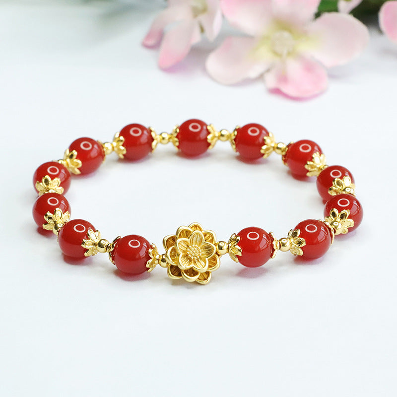 Golden Lotus Sterling Silver Red Agate Bracelet