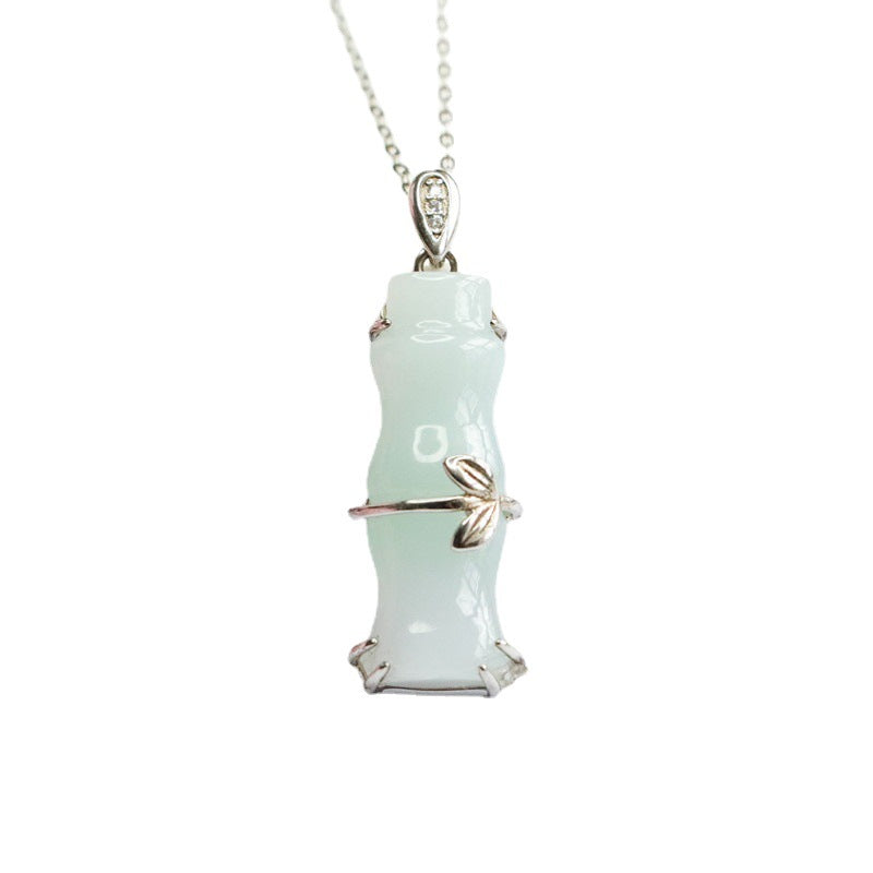 Bamboo Necklace with Natural Jade Pendant in Sterling Silver