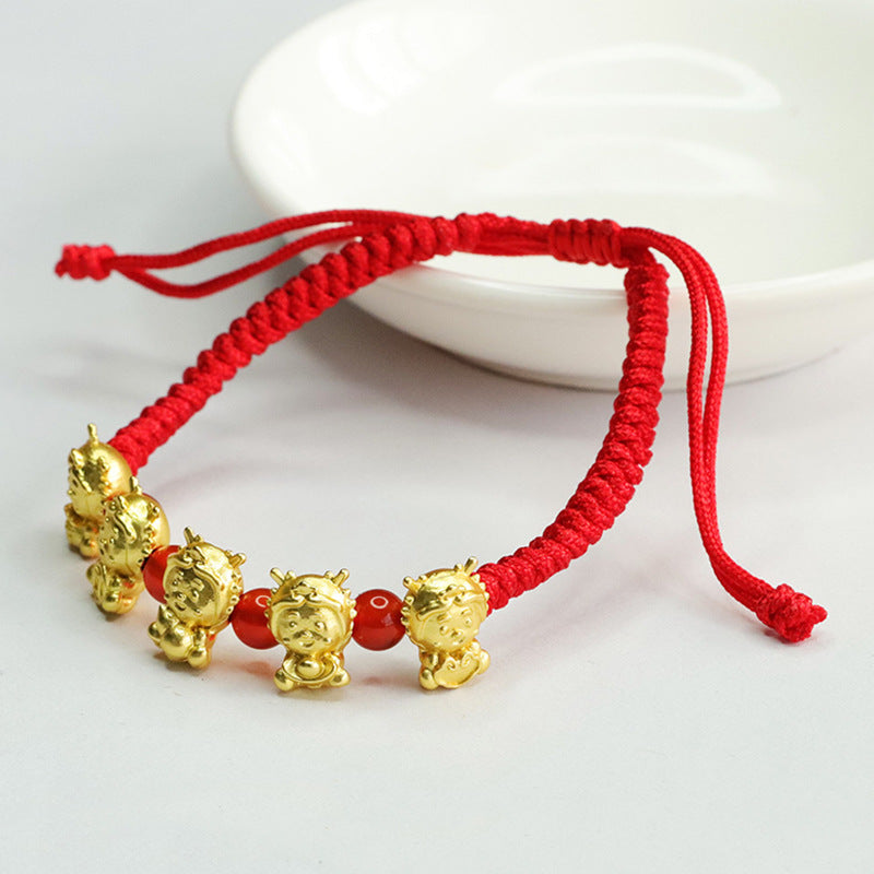 Five Fortune Agate Bracelet with Golden Dragon