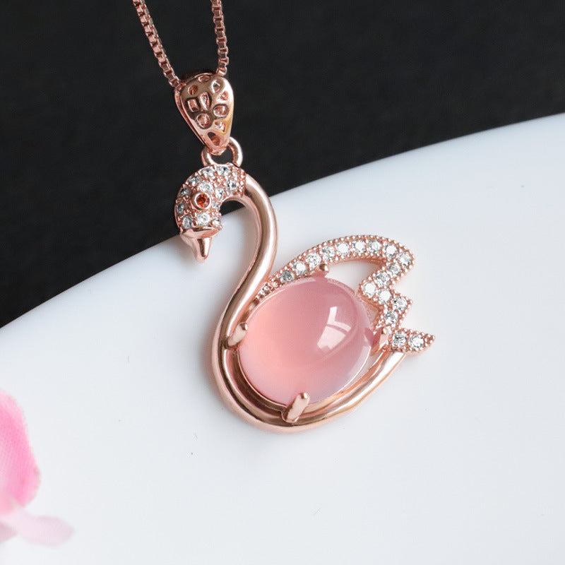 Oval Powder Chalcedony Zircon Rose Gold Swan Pendant Jewelry