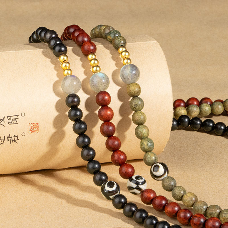 Chinese Style Red Sandalwood Multi-Circle Bracelet with Green Beads