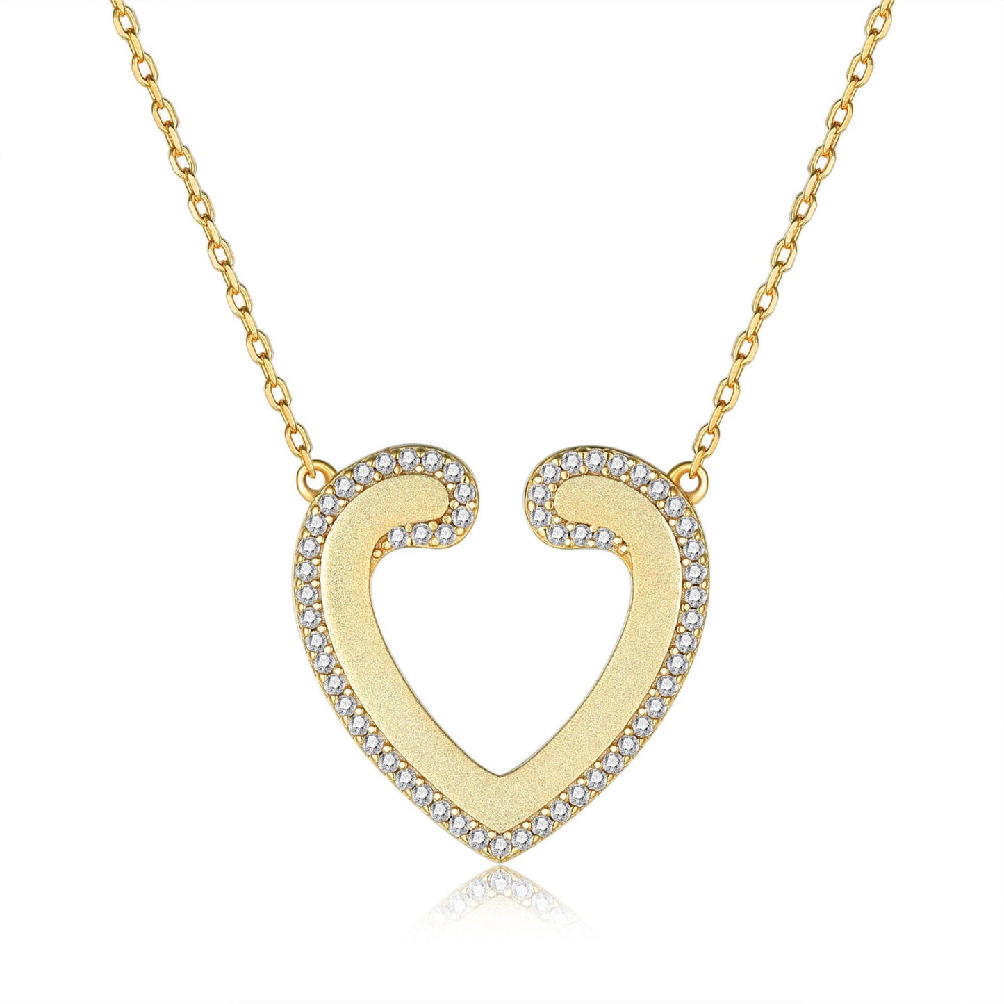 Golden Sandblasting Zircon Hollow Heart Pendant Sterling Silver Necklace