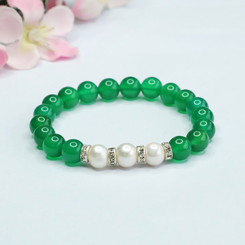 Green Chalcedony and Freshwater Pearl Sterling Silver Bracelet