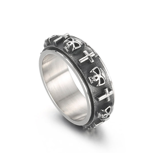 Trendy Rotatable Skull Ring for Men - Retro Cross Design in Titanium Steel