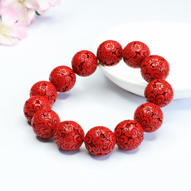 Red Sand Auspicious Clouds Sterling Silver Bracelet with Cinnabar Stone