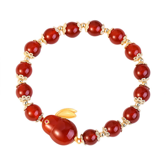 Natural Red Agate and Hetian Jade Sterling Silver Bracelet with Jade Rabbit