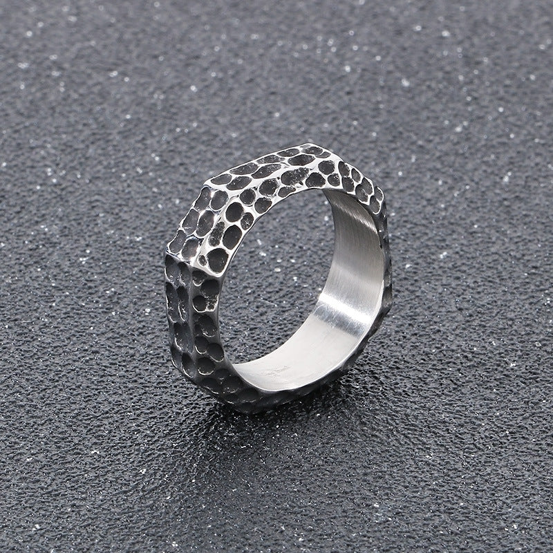 Personalized Retro Men's Stainless Steel Ring with Hammer Pattern and Concave-Convex Stone Design