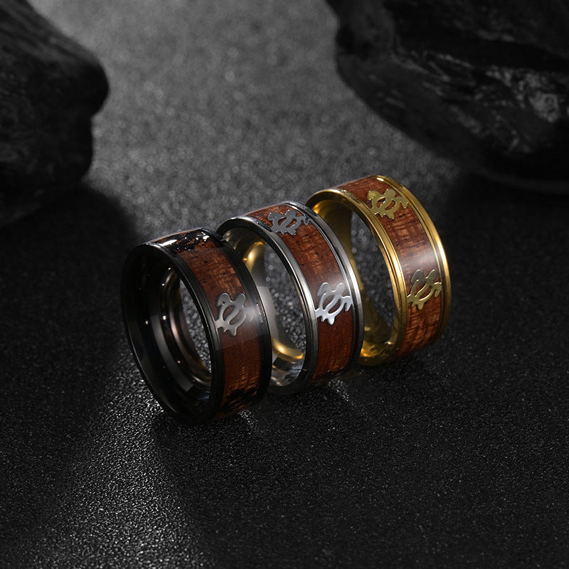 Acacia Wood Grain Turtle Pattern Titanium Steel Men's Ring - Wholesale Hand Ornament