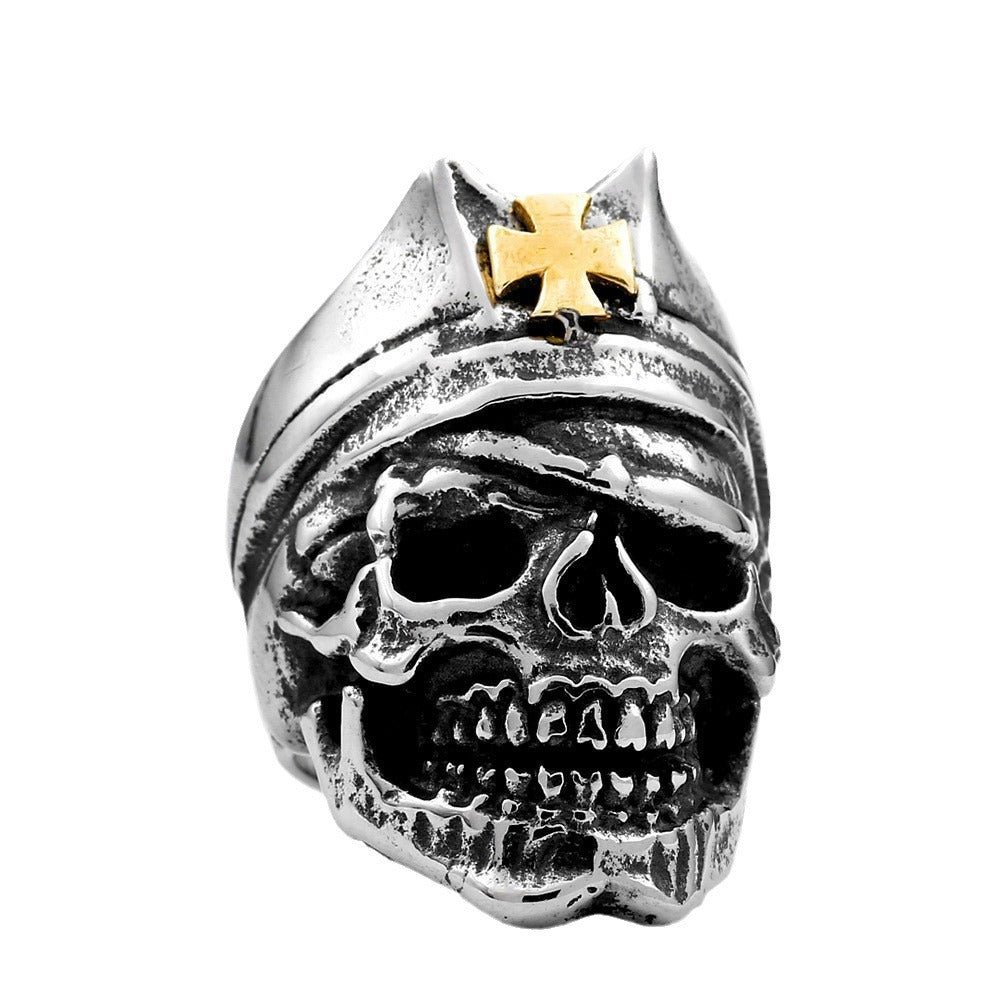 Retro Military-Inspired Titanium Steel Gold Cross Skull Ring for Men, Wholesale Punk Jewelry