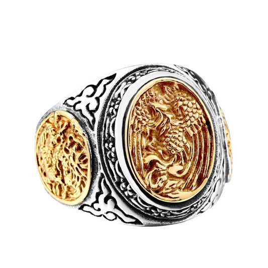 Engraved Titanium Steel Dragon and Phoenix Chengxiang Ring for Men - Personalized Ethnic Jewelry Wholesale, Sizes 7-13