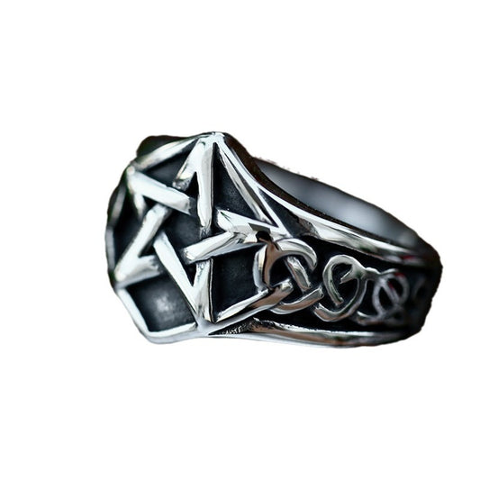 Nordic-Inspired Stainless Steel Pentagram Ring for Men - Viking Celtic Knot Design in Titanium Steel