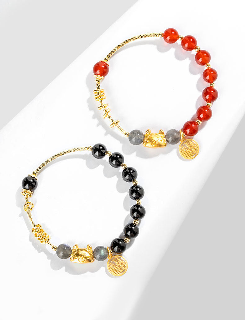 Zodiac Dragon Red Agate and Acacia Beads Bracelet by Planderful - Fortune's Favor Collection