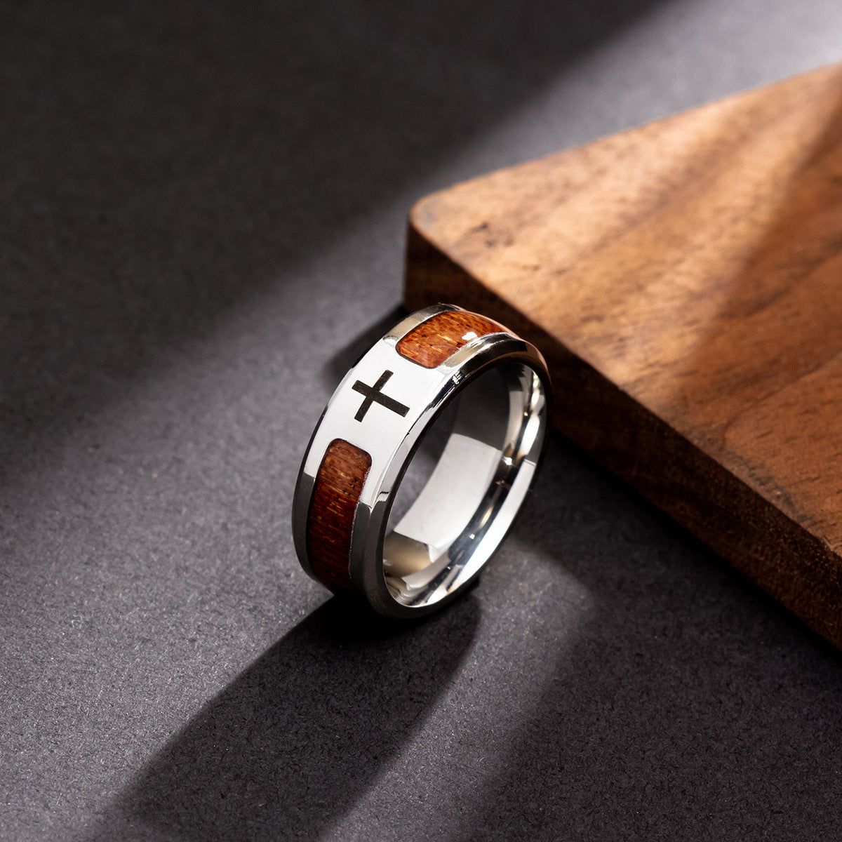 Stainless Steel Acacia Wood Grain Tree of Life Ring - Men's Fashion Jewelry