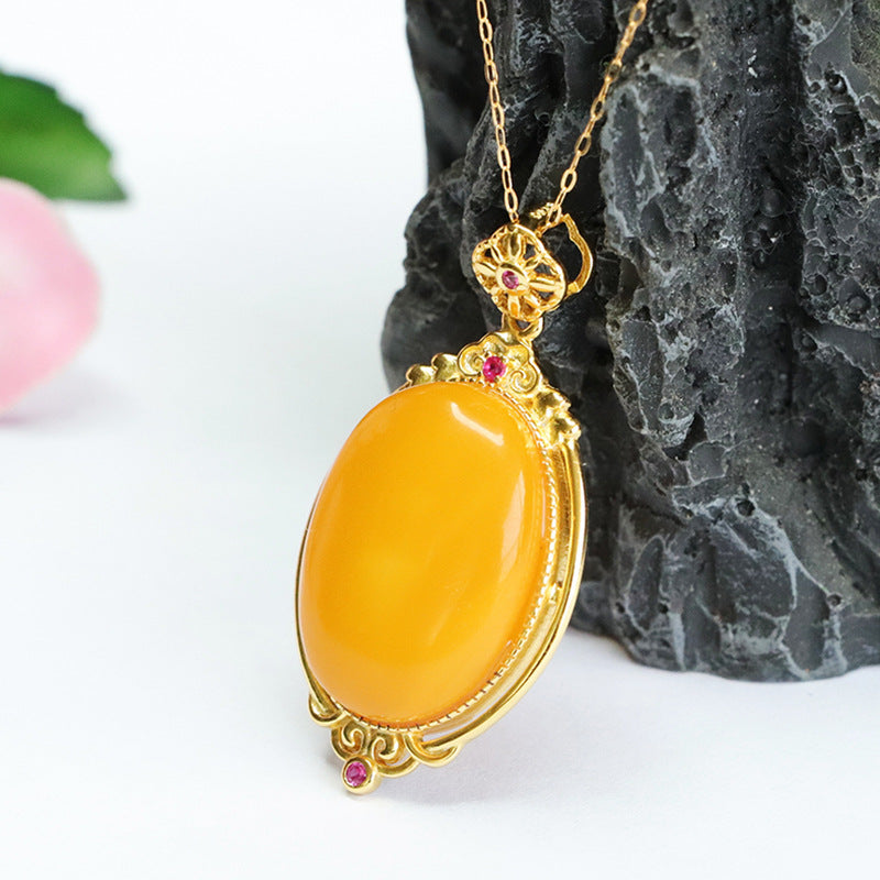 Golden Necklace with Genuine Beeswax Amber Pendant on 925 Sterling Silver Chain