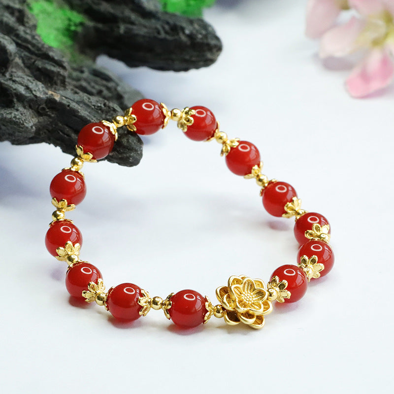 Golden Lotus Sterling Silver Red Agate Bracelet