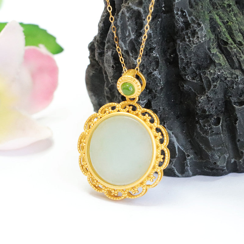 S925 Sterling Silver Flower Necklace with Natural Jade Pendant