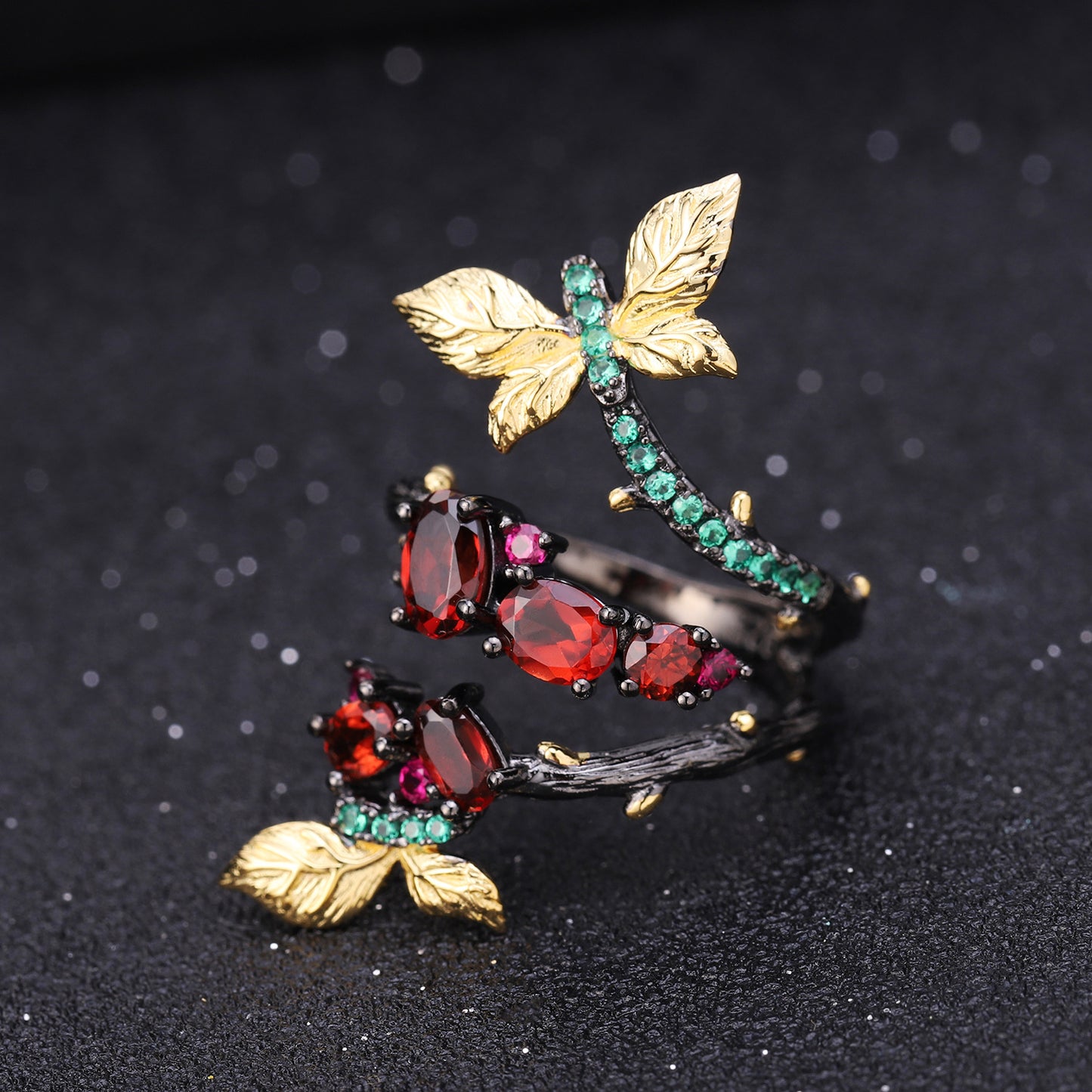 Rotating Wreath Butterfly Natural Gemstones Silver Ring