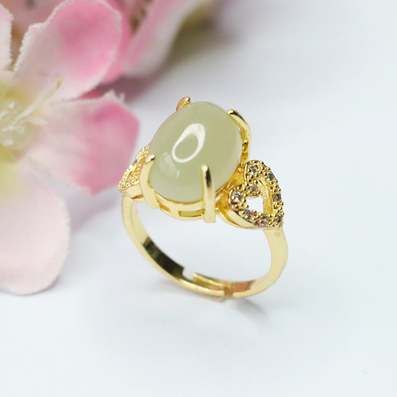 Elegant Love Zircon Hollow Hotan Jade Ring with Adjustable Opening