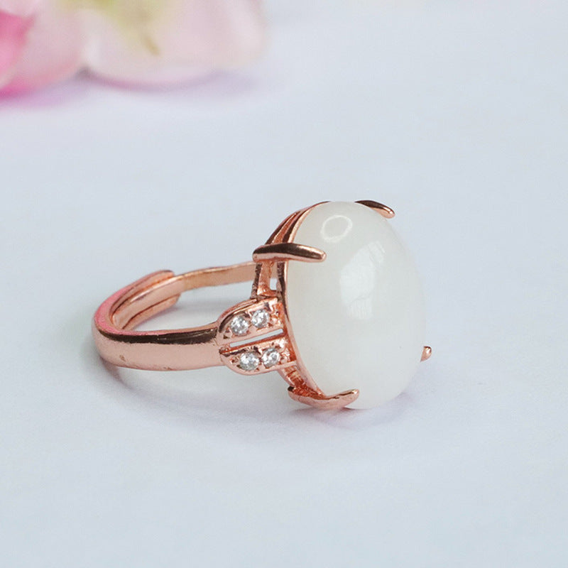 Oval Hetian Jade Sterling Silver Ring with Zircon Accents