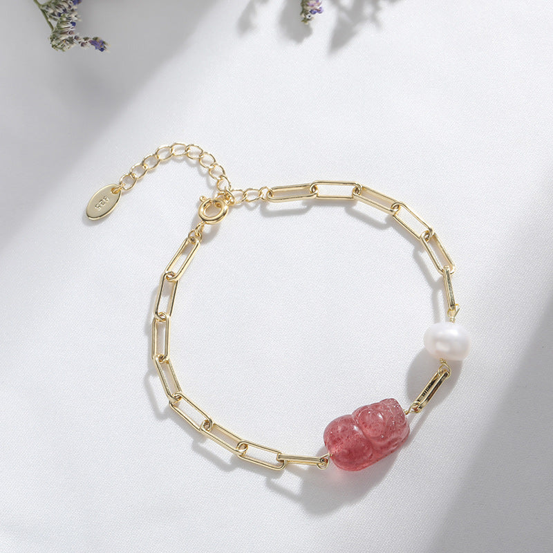 Crystal Pixiu Bracelet with Natural Strawberry and Pearl for Prosperity and Love