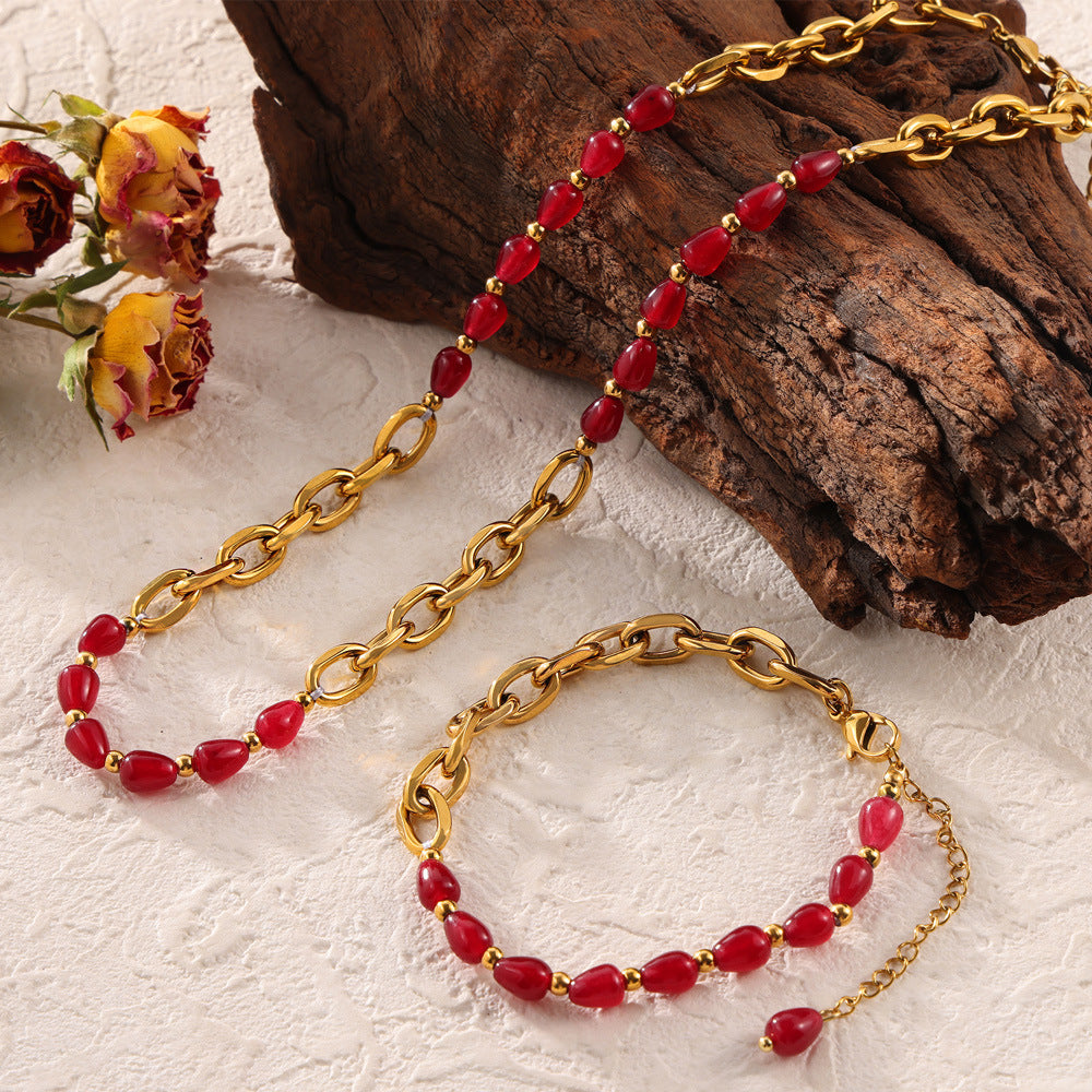 Elegant Chinese Red Agate and Garnet Jewelry Set with Titanium Steel Gold-Plating