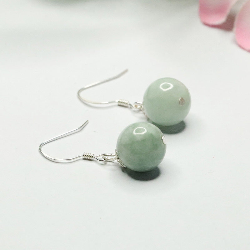 Sterling Silver Earrings with Jade Round Bead Ear Hooks