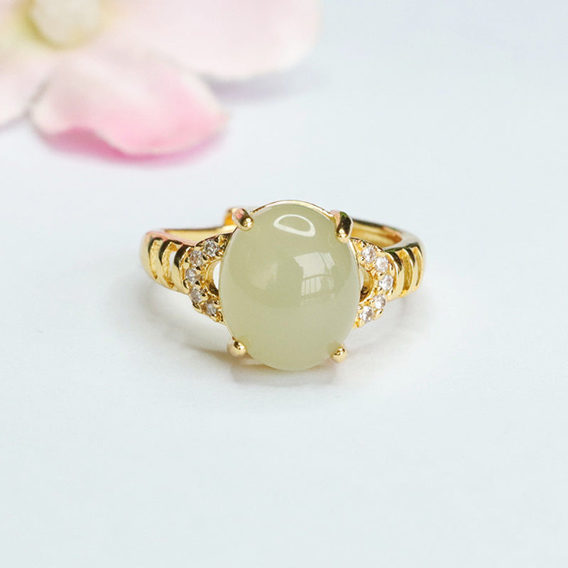 Elegant Sterling Silver Ring with Natural Hetian Jade and Zircon Embellishments