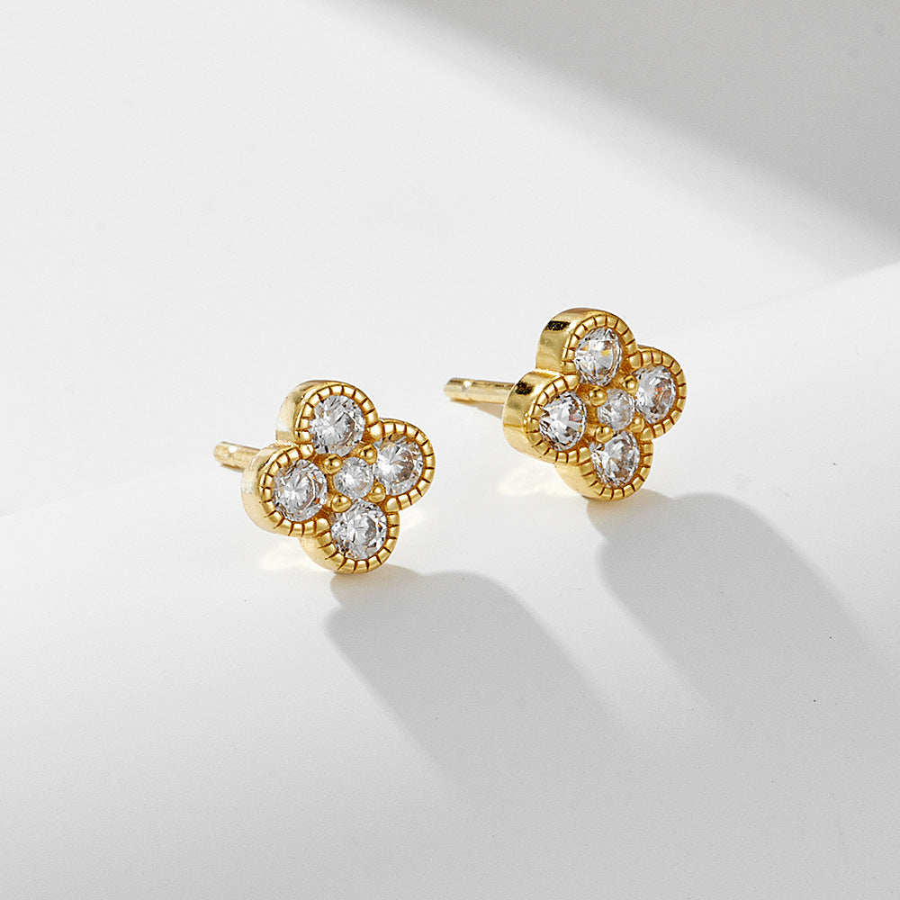 Round Zircon Four Leaf Clover Silver Stud Earrings