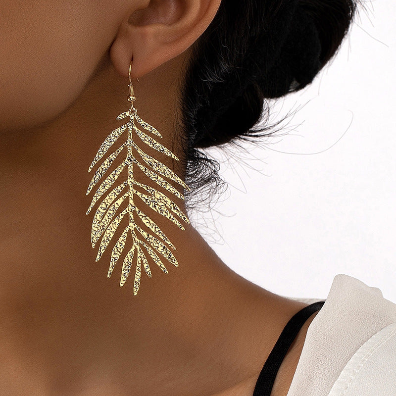 Exaggerated Feather Metal Earrings with Retro European Charm