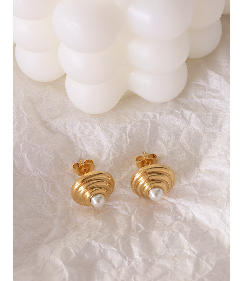 Golden Threaded Pearl Stud Earrings: Minimalist Titanium Steel Jewelry