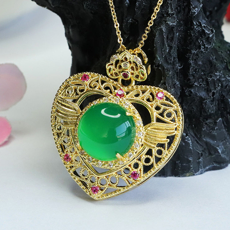 Natural Round Green Chalcedony Hollow Love Pendant Ethnic Style