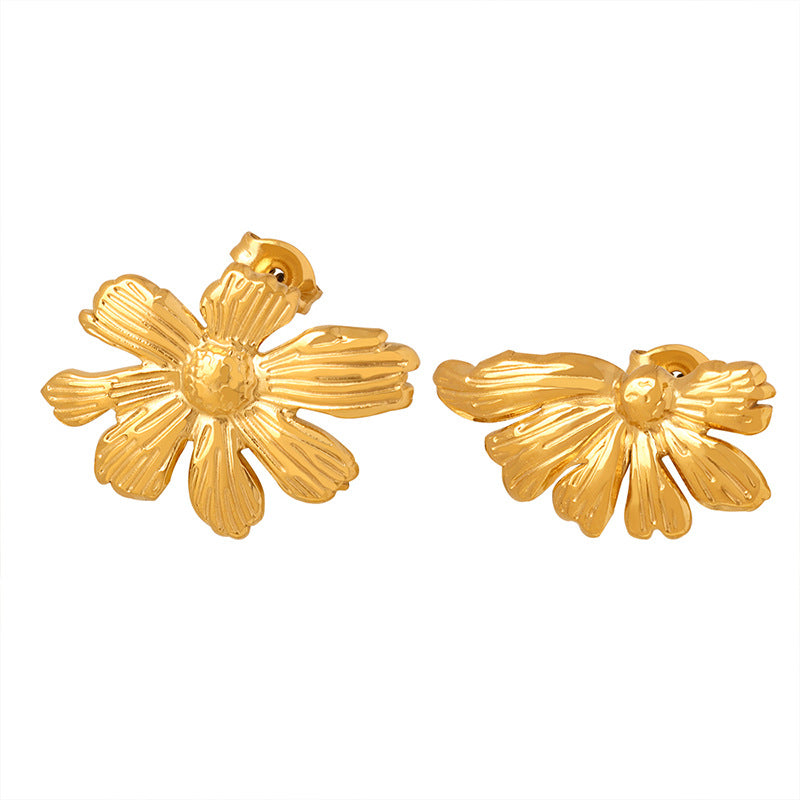 French Retro Gold Flower Asymmetric Earrings - Personalized Titanium Steel Plated Fashion Earrings