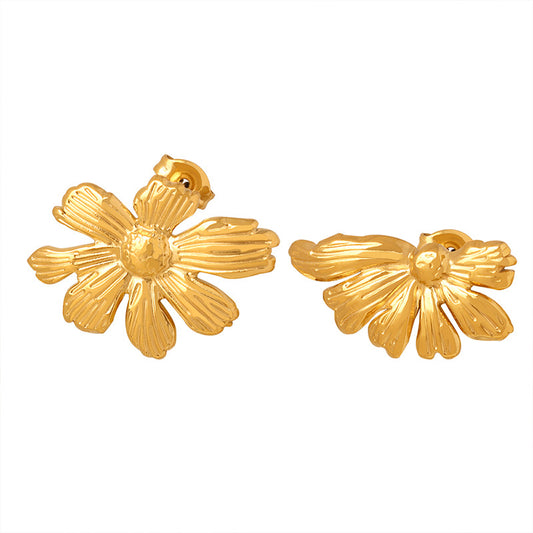 French Retro Gold Flower Asymmetric Earrings - Personalized Titanium Steel Plated Fashion Earrings