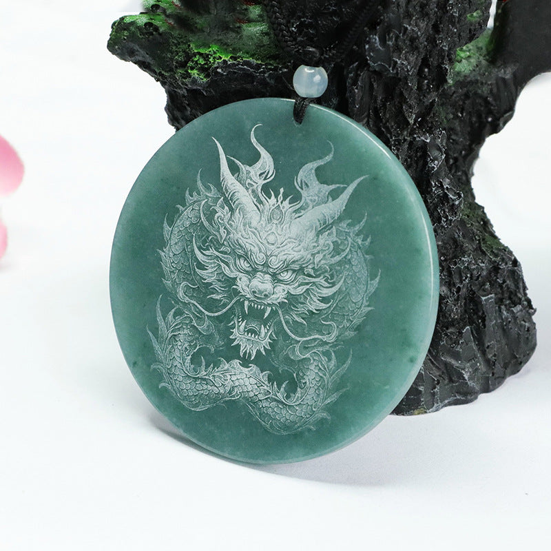 Dominant Dragon Carved Natural Jade Round Pendant in Blue and Green Shadow