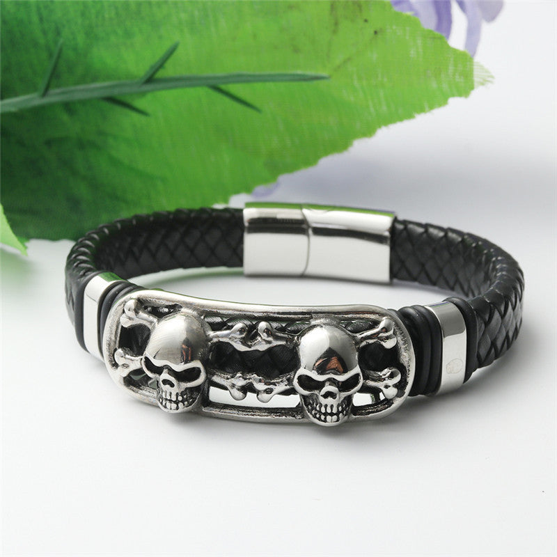 Titanium Steel Skull Scalp Bracelet - Personalized Punk Leather Accessory for Men