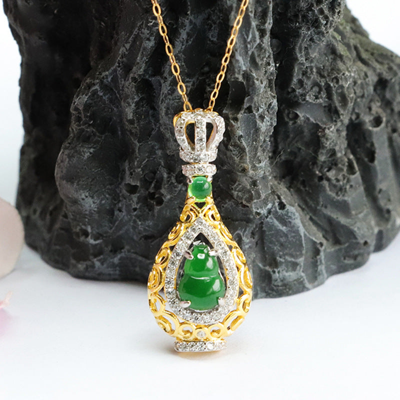 Sterling Silver Necklace with Ice Emperor Green Jade Gourd Crown Pendant