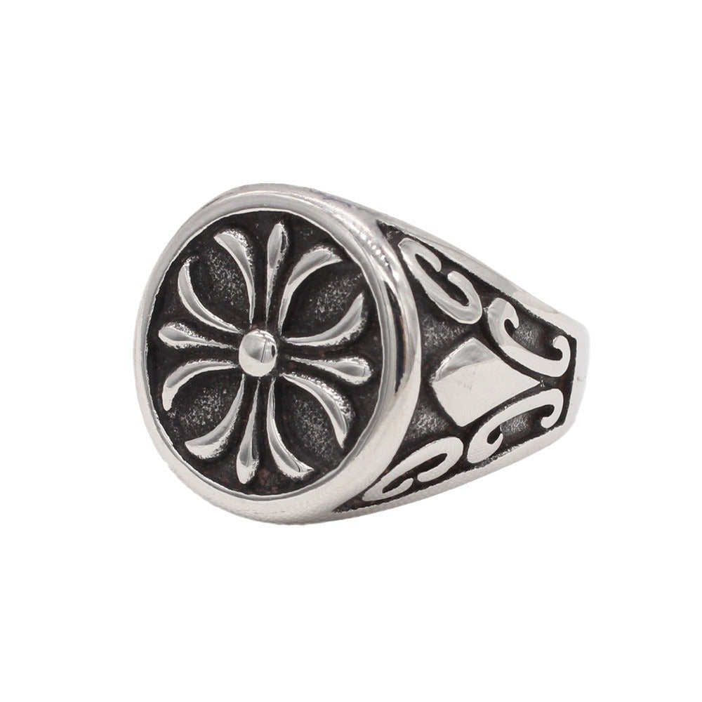 Cross Flower Round Disk Titanium Steel Ring for Men