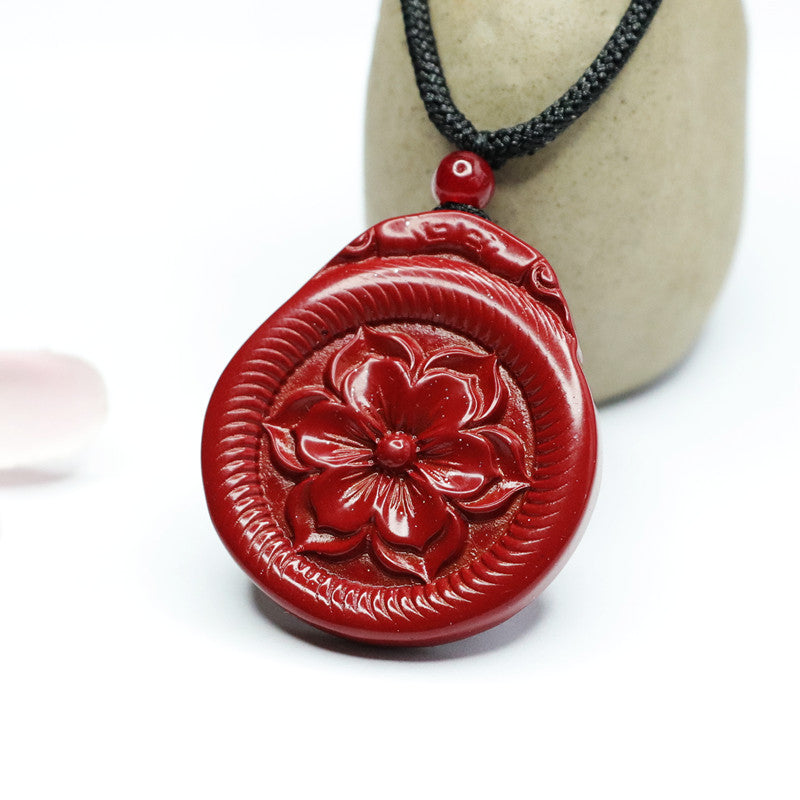 Elegant Vermilion Sand and Cinnabar Stone Lotus Pendant