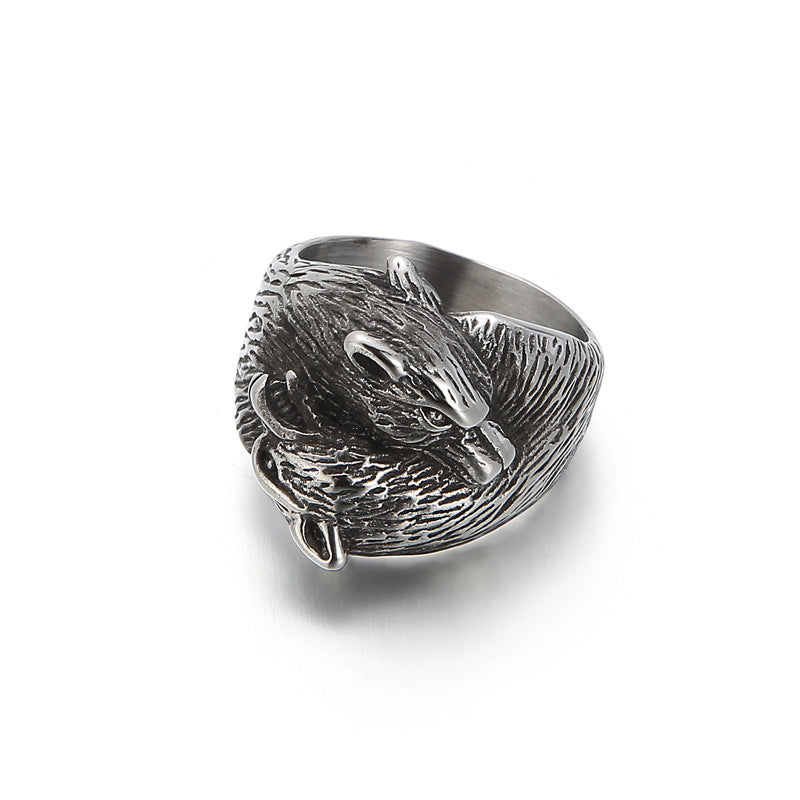 European and American Retro Double Wolf Head Men's Titanium Steel Ring - Fashionable and Dominant Design