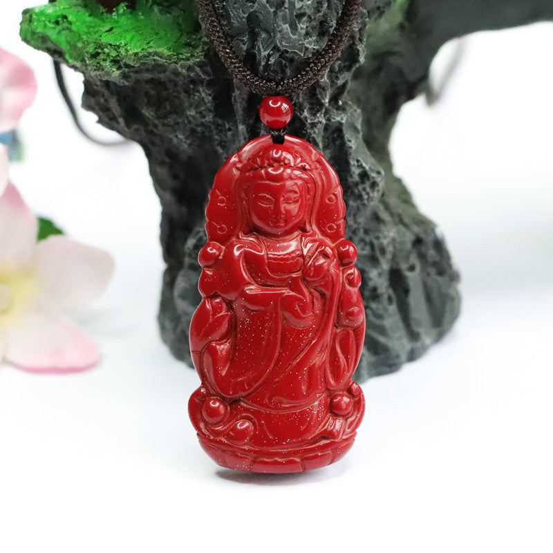 Standing Guanyin Pendant with Cinnabar Stone