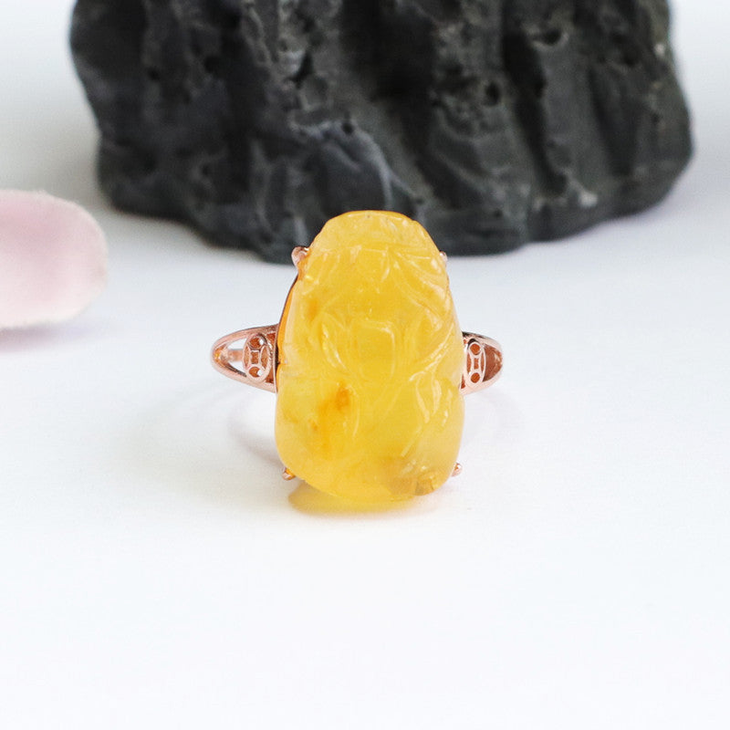 Sterling Silver Pixiu Ring with Genuine Beeswax Amber