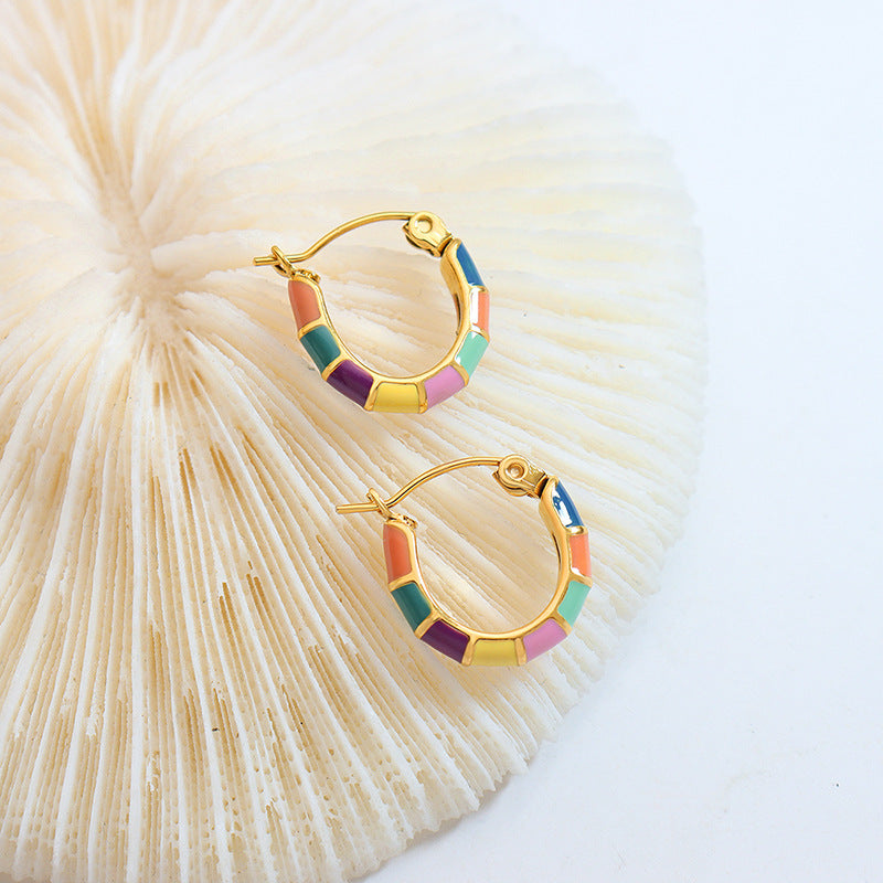 Colorful Patchwork Oil Dripping Earrings in Titanium Steel Gold-Plated Finish