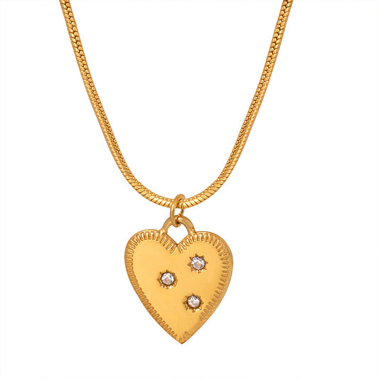 Elegant 18K Gold Snake Bone Chain Necklace with Zircon Peach Heart Pendant