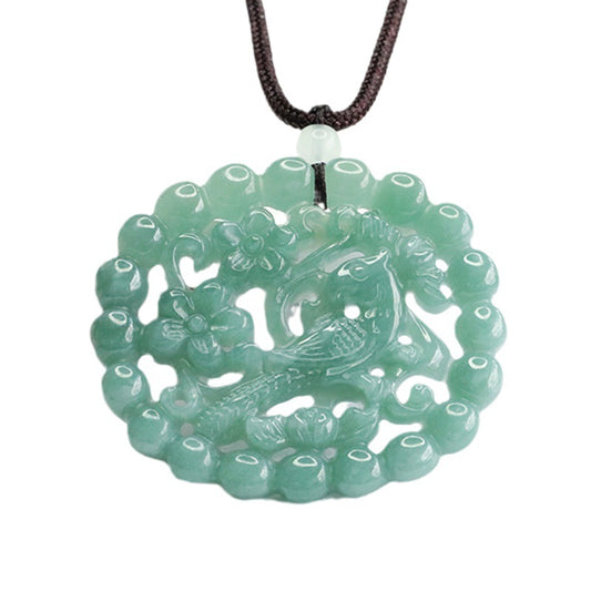 Joyful Magpie Jade Pendant with Floral Carving in Blue-Green Hollow Round Pendant