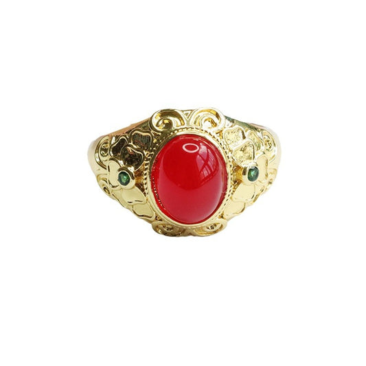 Regal Golden Sterling Silver Ring with Chalcedony and Red Agate