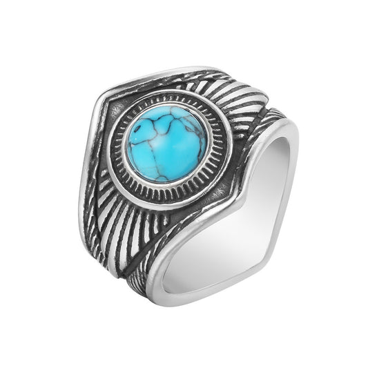 Literary Blue Turquoise Feather Men's Titanium Steel Ring