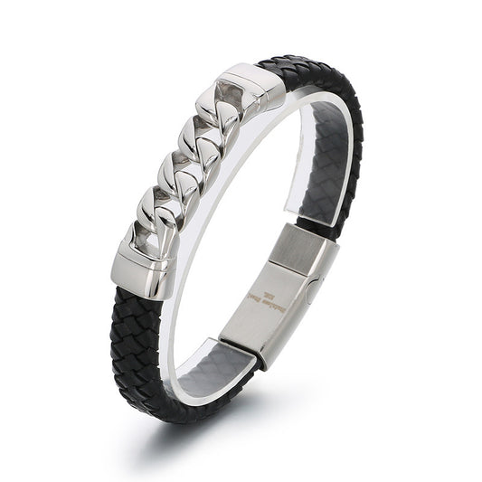 Vintage Chic Magnetic Clasp Leather Bracelet with Custom Titanium Steel Cuban Link and Genuine Cowhide for Men