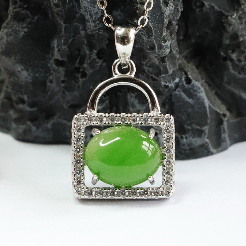 S925 Silver Natural Hetian Jade Pendant Oval Jasper Zircon Handbag Necklace